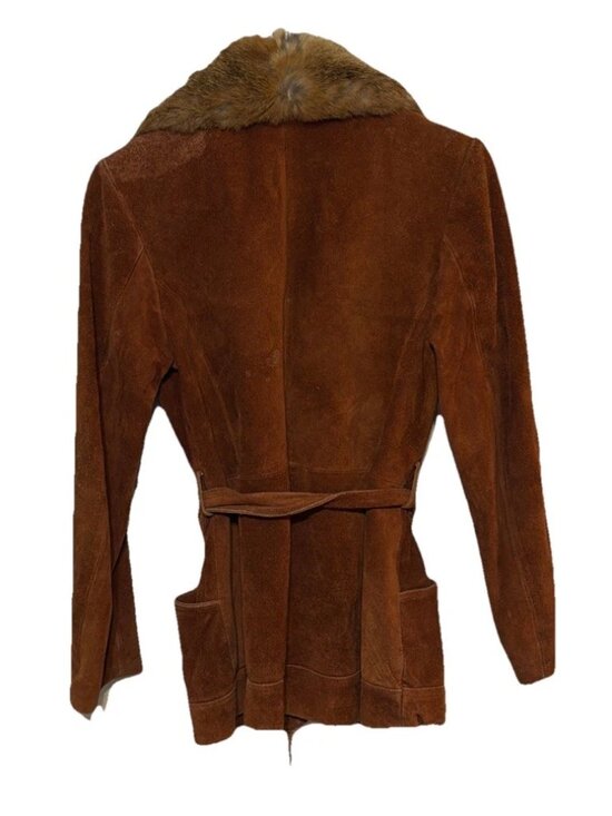 Genuine Suede Leather Fur Collared Coat with Belt Women's Size 7/8 - Picture 2 of 8